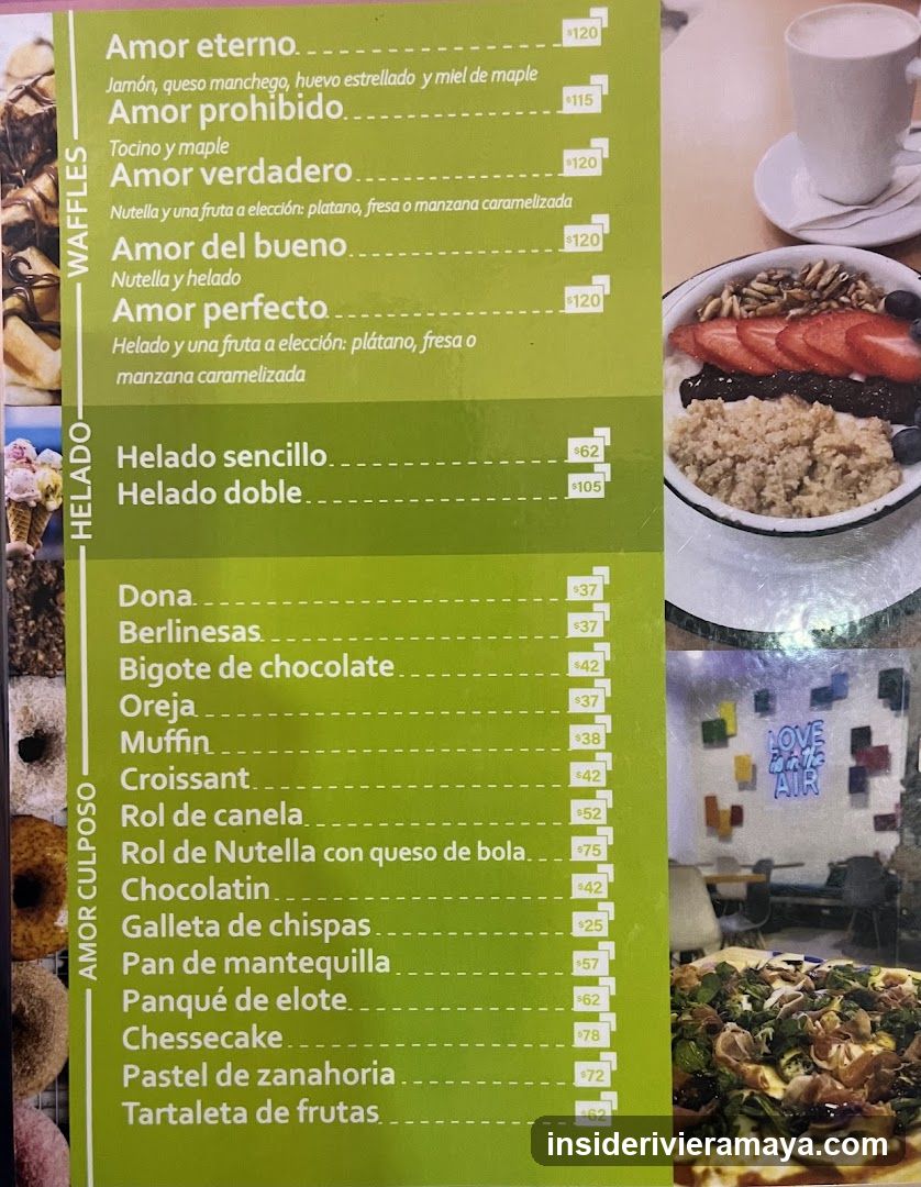 A close-up of a lime-green menu board listing various food items and prices, with photographs of the food on the right side.