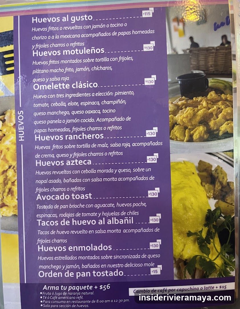 A printed menu listing various egg dishes and toast options with prices in pesos.