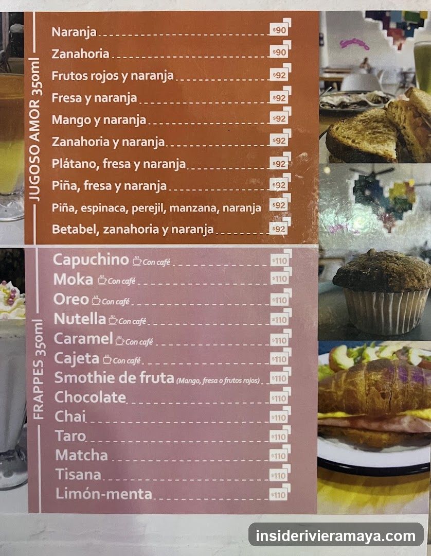 A printed menu board displaying prices for juices and frappes, accompanied by photos of food items like muffins and sandwiches.