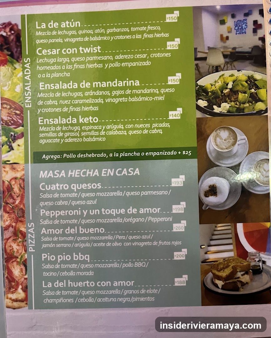 A close-up of a laminated menu board featuring sections for 'ENSALADAS' (Salads) and 'PIZZAS'. The menu lists various dishes with descriptions and prices in a currency symbol, alongside photos of food and drinks on the right side.