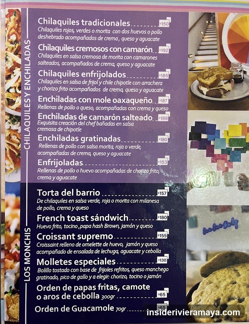 A printed menu listing various Mexican dishes, primarily chilaquiles and enchiladas, with prices in pesos. The menu is divided into sections including 'Chilaquiles y Enchiladas' and 'Los Monchis'.
