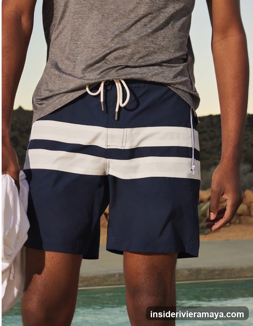 Men's Navy and White Striped Swim Trunks