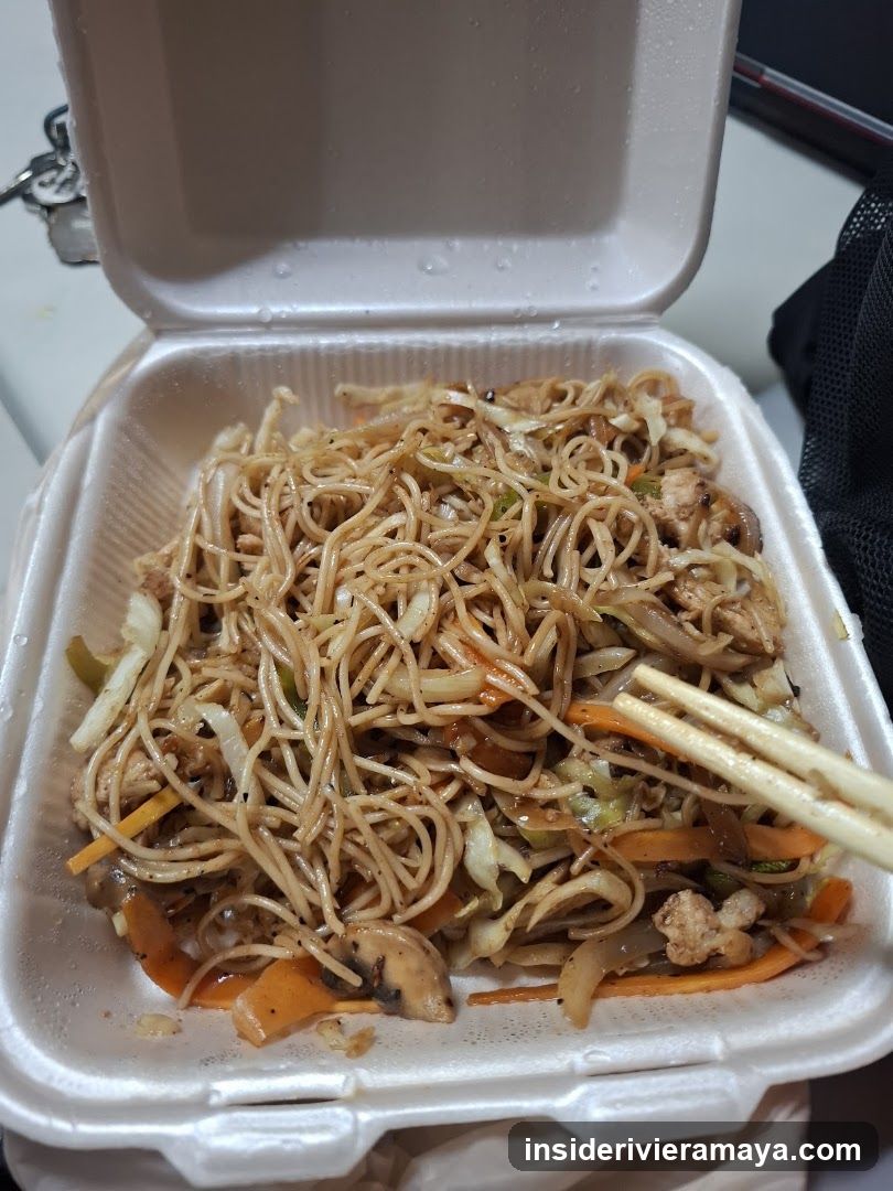 Takeout noodles in styrofoam container