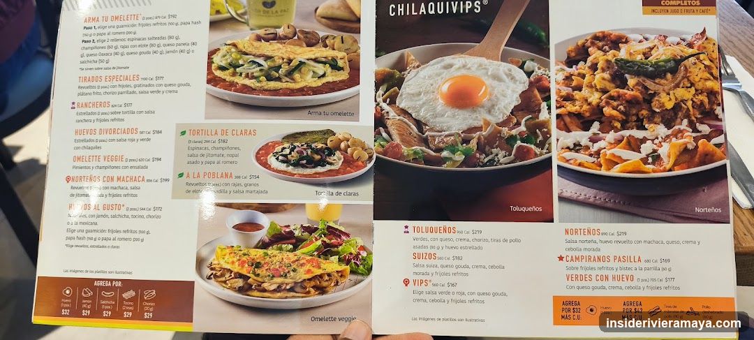 A printed menu showing two pages. The left page features 'Arma tu Omelette' options like Rancheros and Tortilla de Claras, with photos of the dishes. The right page features 'Chilaquivips' options like Toluqueños and Norteños, also with photos. Text descriptions and prices are visible for each item.