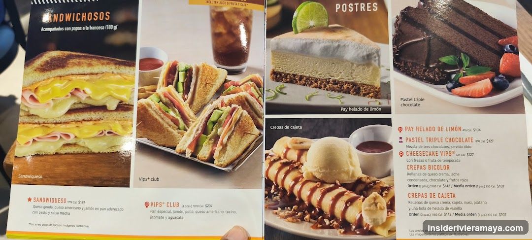 A printed menu page featuring sections for sandwiches and desserts with photos and descriptions.