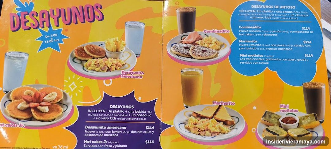 A colorful breakfast menu featuring various meal options with images of the food, including hot cakes, omelets, and beverages.