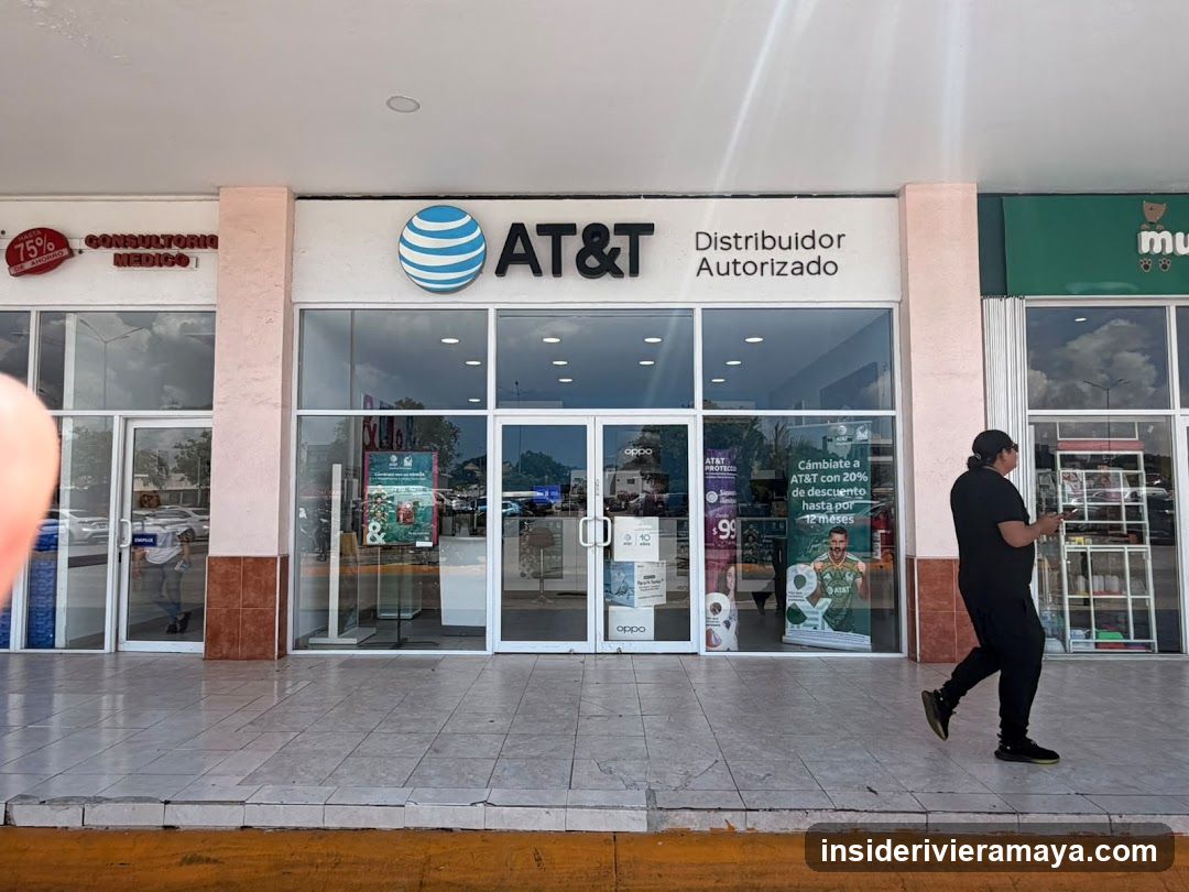 A street-level view of a retail storefront with a large white sign reading 'AT&T Distribuidor Autorizado' above glass doors and windows. The facade features pink pillars and tiled flooring. A man in black clothing walks past the entrance on the sidewalk. Posters advertising promotions are visible inside the glass.