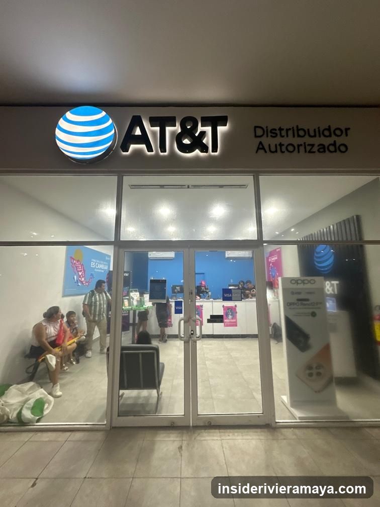 A photo of the exterior entrance to an AT&T authorized distributor. The storefront features a large sign with the AT&T globe logo and text reading 'Distribuidor Autorizado'. The entrance consists of glass double doors and large glass windows. Inside, customers are visible waiting on benches, and staff are working behind a counter. Promotional posters for OPPO phones are displayed inside and on the window.