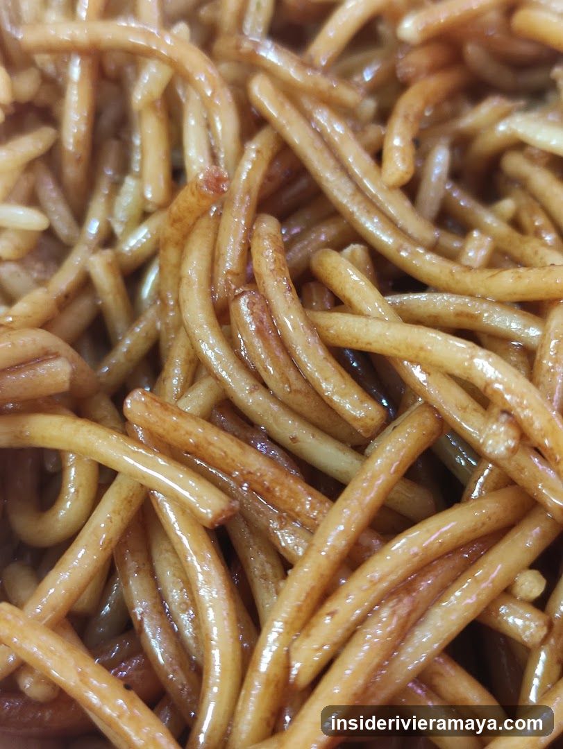 Close-up of sauced noodles