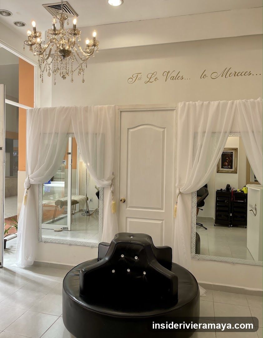 An interior view of a beauty salon featuring a black leather styling chair in the foreground. The background includes a white door flanked by two large mirrors draped with sheer white curtains. A crystal chandelier hangs from the ceiling, and the wall text reads 'Tu Lo Vales... lo Mereces.'