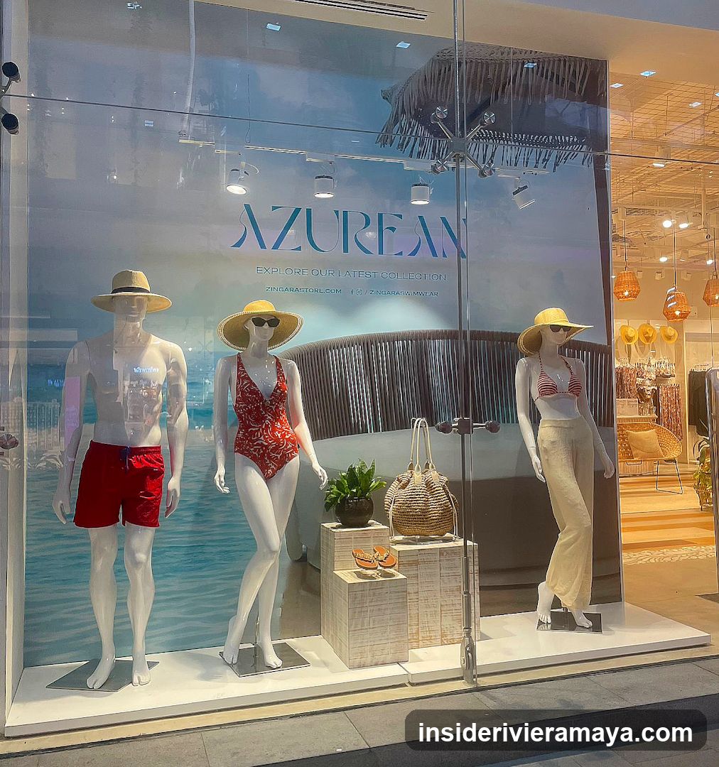 A retail storefront window display for a brand named 'AZUREAN'. The display features three mannequins dressed in summer clothing: a male figure in red swim trunks, a female figure in a red patterned one-piece swimsuit, and another female figure in a bikini top and light-colored pants. Accessories include straw hats, sunglasses, and a large woven bag. The background graphic depicts a beach scene with a thatched umbrella. The store interior is visible through the glass, showing additional merchandise and lighting fixtures.
