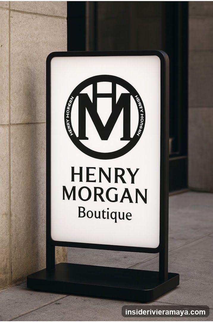 A freestanding, illuminated A-frame sign positioned on a sidewalk next to a stone building facade. The sign features a black frame and a white backlit panel. The top displays a circular logo with the letters 'HM' and the text 'HENRY MORGAN' repeated around the perimeter. Below the logo, the words 'HENRY MORGAN' and 'Boutique' are printed in large, bold black serif font.
