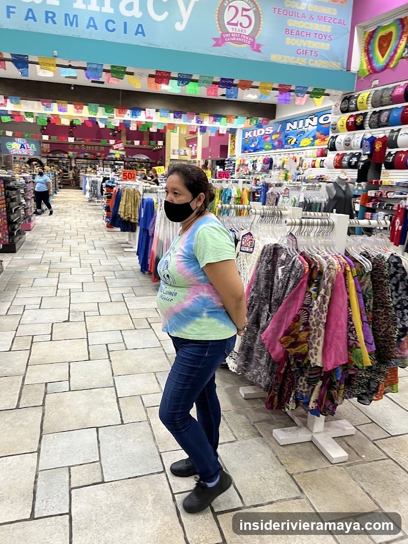 Woman in tie-dye shirt inside a store