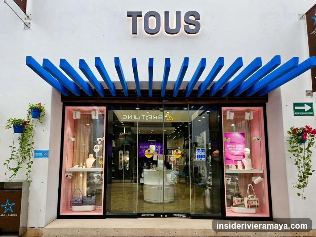 A retail storefront with a white facade and a prominent blue slatted awning. The brand name 'TOUS' is displayed in large, dark letters above the entrance. The store features glass display windows with pink backdrops showcasing jewelry and handbags, and glass doors leading into the interior.