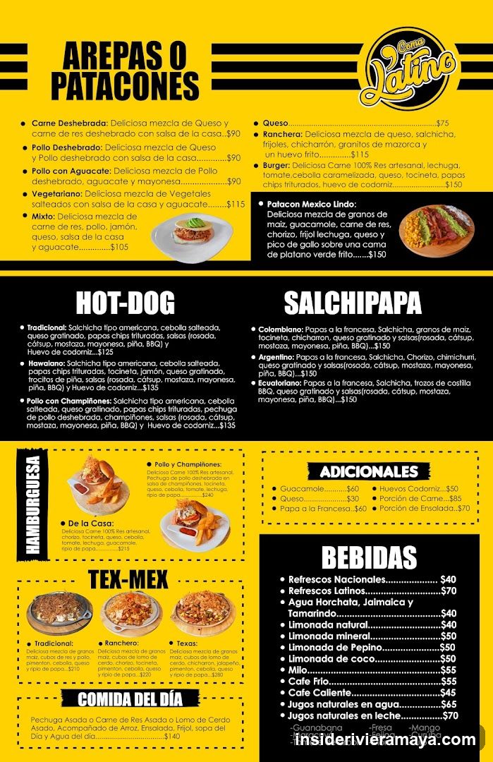 A yellow menu listing various food items including tacos, hot dogs, hamburgers, and beverages.