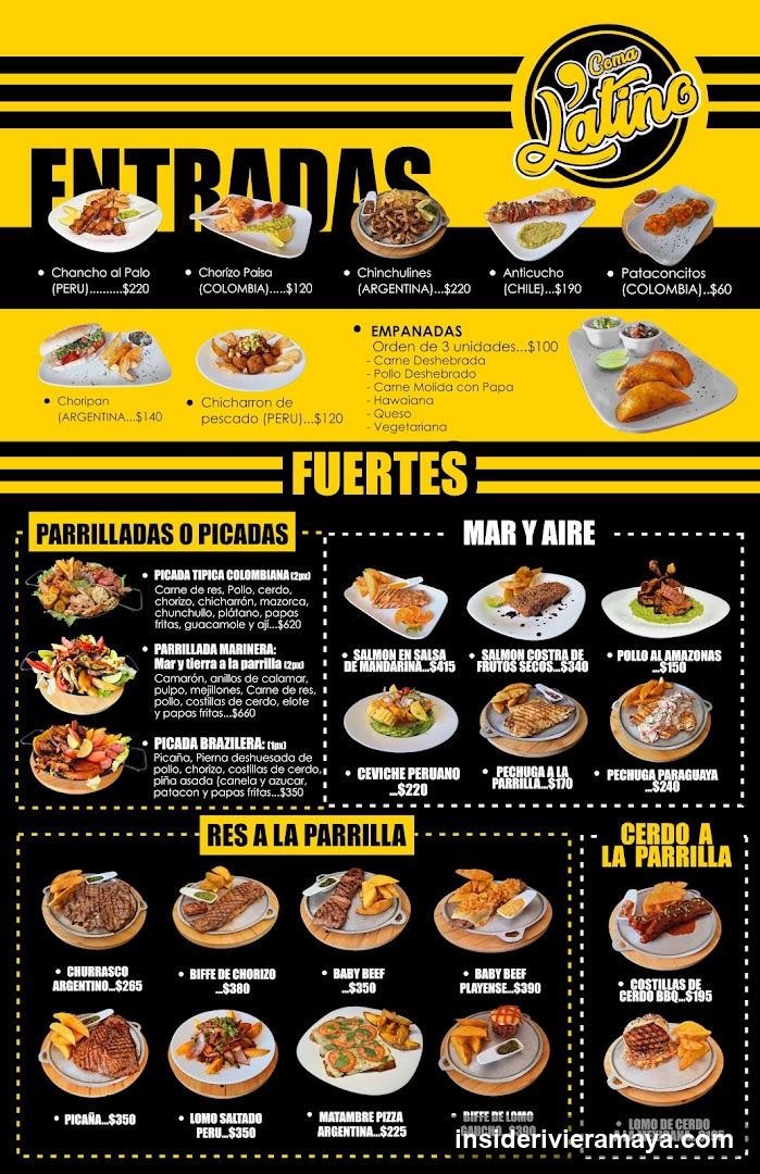 A yellow and black menu featuring various Latin American dishes organized into categories like Entradas, Fuertes, Parrillas, and Seafood.