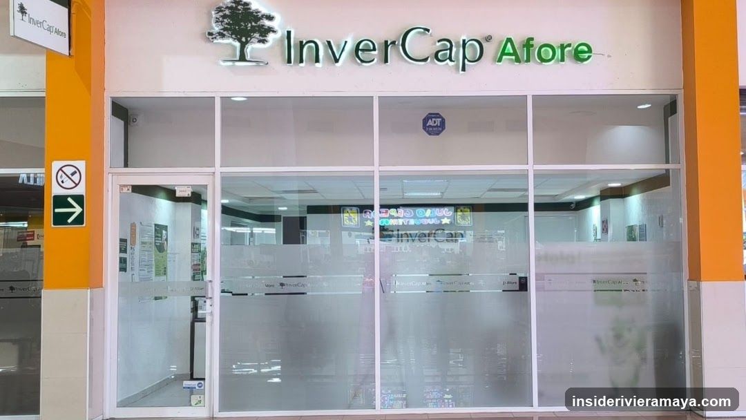 A view of the exterior entrance to a business named InverCap Afore. The storefront features a large white sign with green lettering and a tree logo above a glass facade. The entrance consists of glass doors and large windows with frosted privacy strips. An orange pillar on the left displays a no-smoking sign and a directional arrow. An ADT security sticker is visible on the upper glass pane.