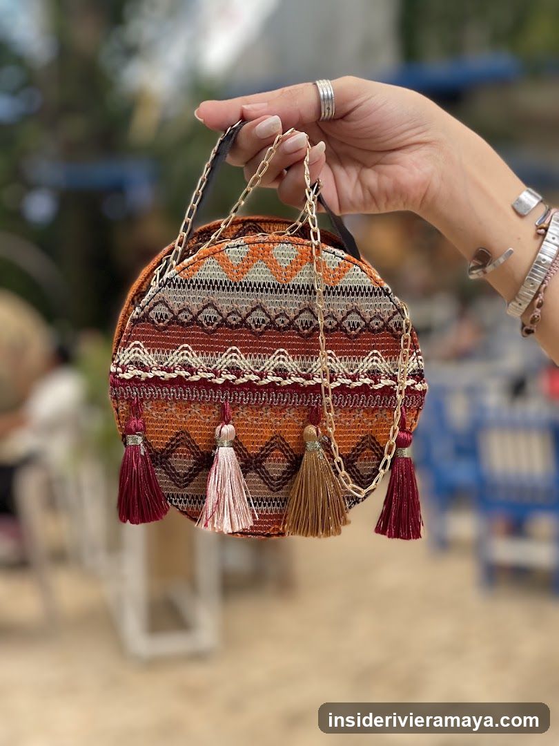 Hand holding a woven crossbody bag