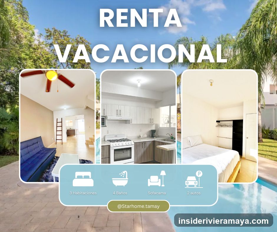 A digital advertisement for a vacation rental property. The image features three interior photos: a living room with a blue sofa and ceiling fan, a kitchen with white cabinets and appliances, and a bedroom with a bed and closet. The background shows a swimming pool and palm trees. Text at the top reads 'RENTA VACACIONAL'. Icons at the bottom indicate 3 bedrooms, 4 bathrooms, a sofa bed, and parking for 2 cars. A social media handle is listed at the bottom.