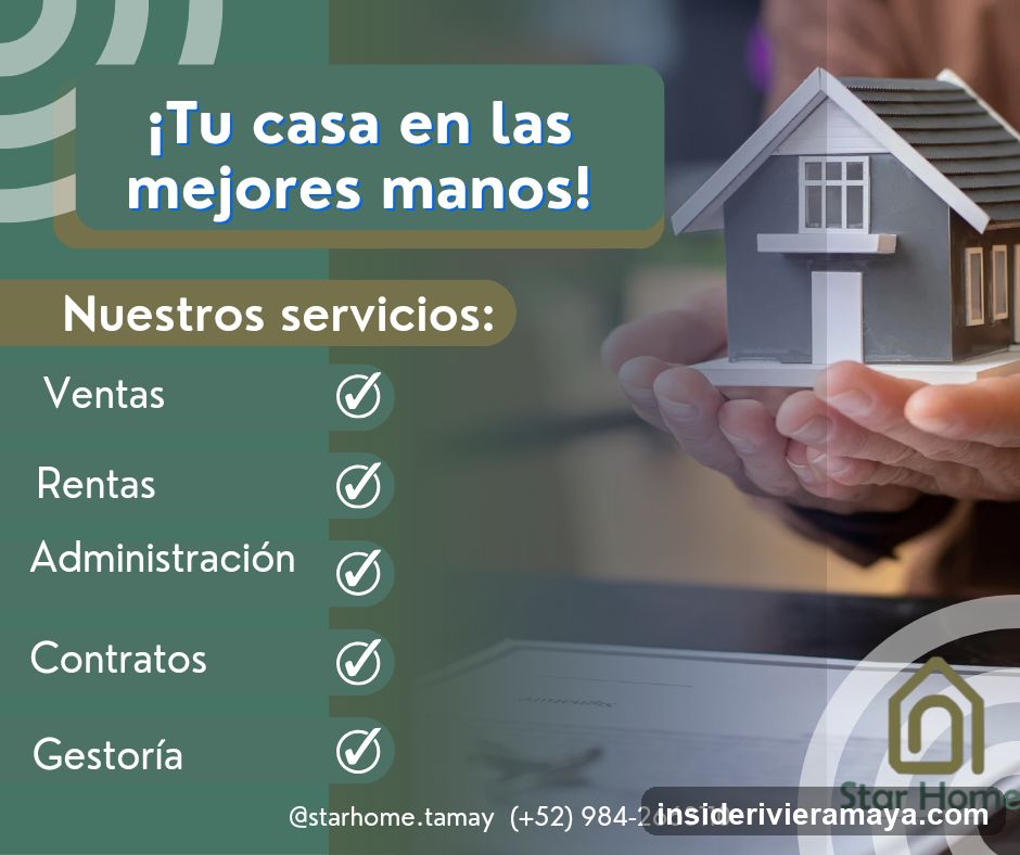 A digital advertisement for a real estate agency named Star Home. The image features a large text box with the slogan '¡Tu casa en las mejores manos!' (Your house in the best hands!). Below, a list of services is displayed: Ventas (Sales), Rentas (Rentals), Administración (Administration), Contratos (Contracts), and Gestoría (Management). Each service has a checkmark icon next to it. The background shows a pair of hands holding a miniature model of a house. Contact information including an Instagram handle and phone number are visible at the bottom.