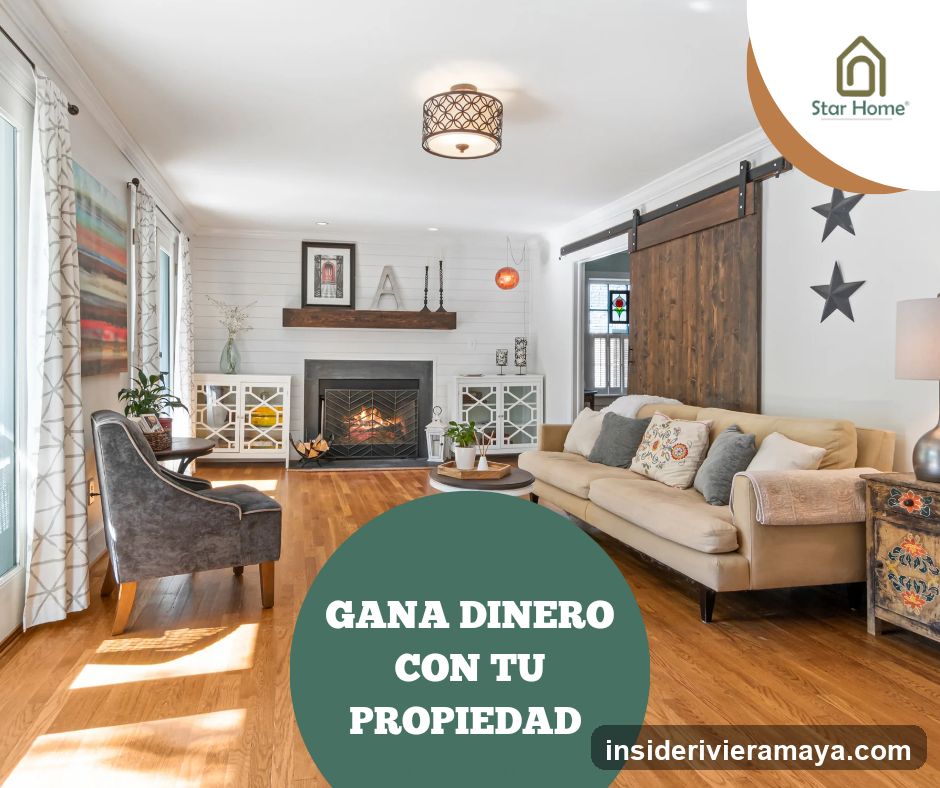 A bright, modern living room featuring hardwood floors, a beige sofa, a grey armchair, and a fireplace with a wooden mantel. A large sliding barn door is visible on the right. The image includes a logo for 'Star Home' in the top right corner and a large green circle in the foreground containing the Spanish text 'GANA DINERO CON TU PROPIEDAD'.