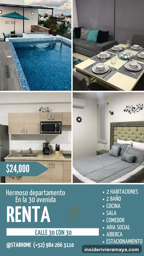 A collage of four photos showing a swimming pool, a dining area, a kitchen, and a bedroom, along with a large text overlay advertising a rental property.