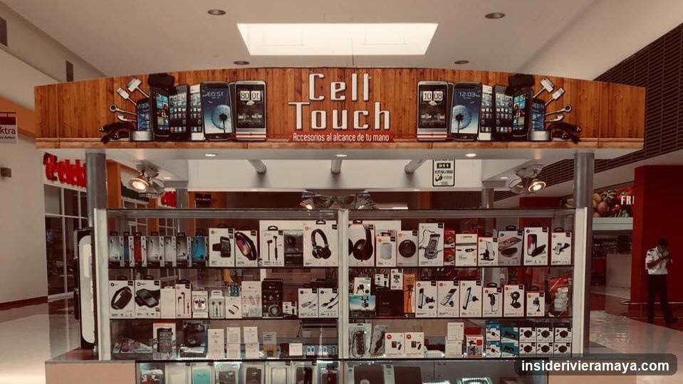 A retail kiosk named 'Cell Touch' located inside a shopping mall. The wooden sign features the slogan 'Accesorios al alcance de tu mano' (Accessories within your reach) and displays several smartphones. The glass display case below is stocked with numerous boxed accessories, including headphones, chargers, and cables. A person is visible standing in the background to the right.