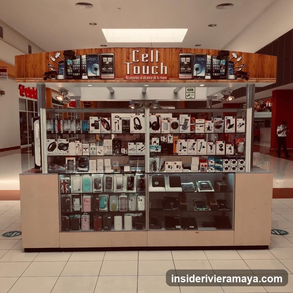 A retail kiosk inside a shopping mall featuring the brand name 'Cell Touch' and the slogan 'Accesorios al alcance de tu mano' on a wooden sign. The display case is stocked with various mobile phone accessories, including boxed headphones, chargers, and cables. The lower glass shelves contain rows of colorful phone cases and screen protectors. The kiosk has a light-colored base and is situated on a tiled floor.