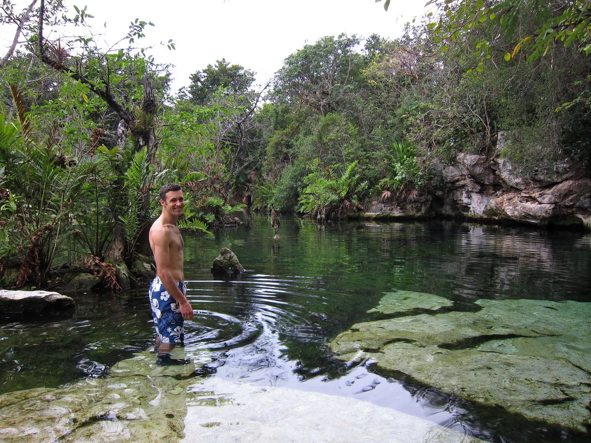 Cenote Azul, an open-air freshwater swimming sinkhole on the Ruta de los Cenotes near Playa del Carmen, Riviera Maya