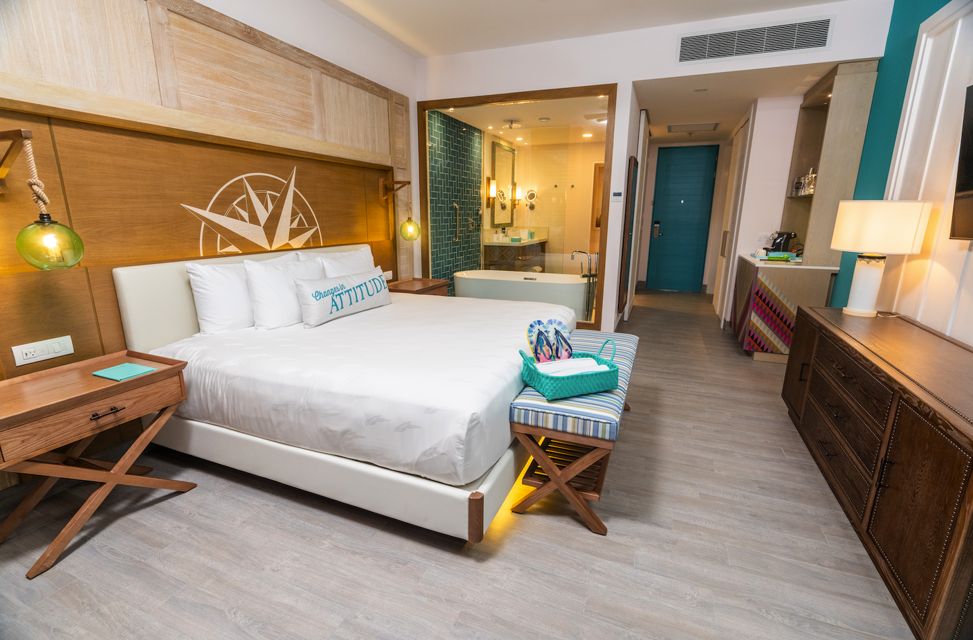 Margaritaville Island Reserve Riviera Maya suite with coastal decor and ocean or pool views