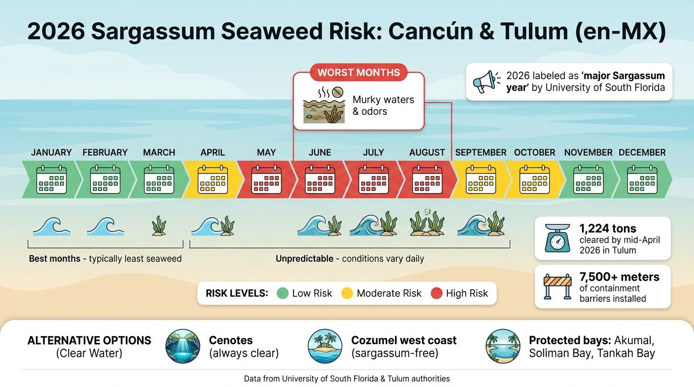 Sargassum seaweed accumulation on a Tulum beach in the Riviera Maya, summer 2026
